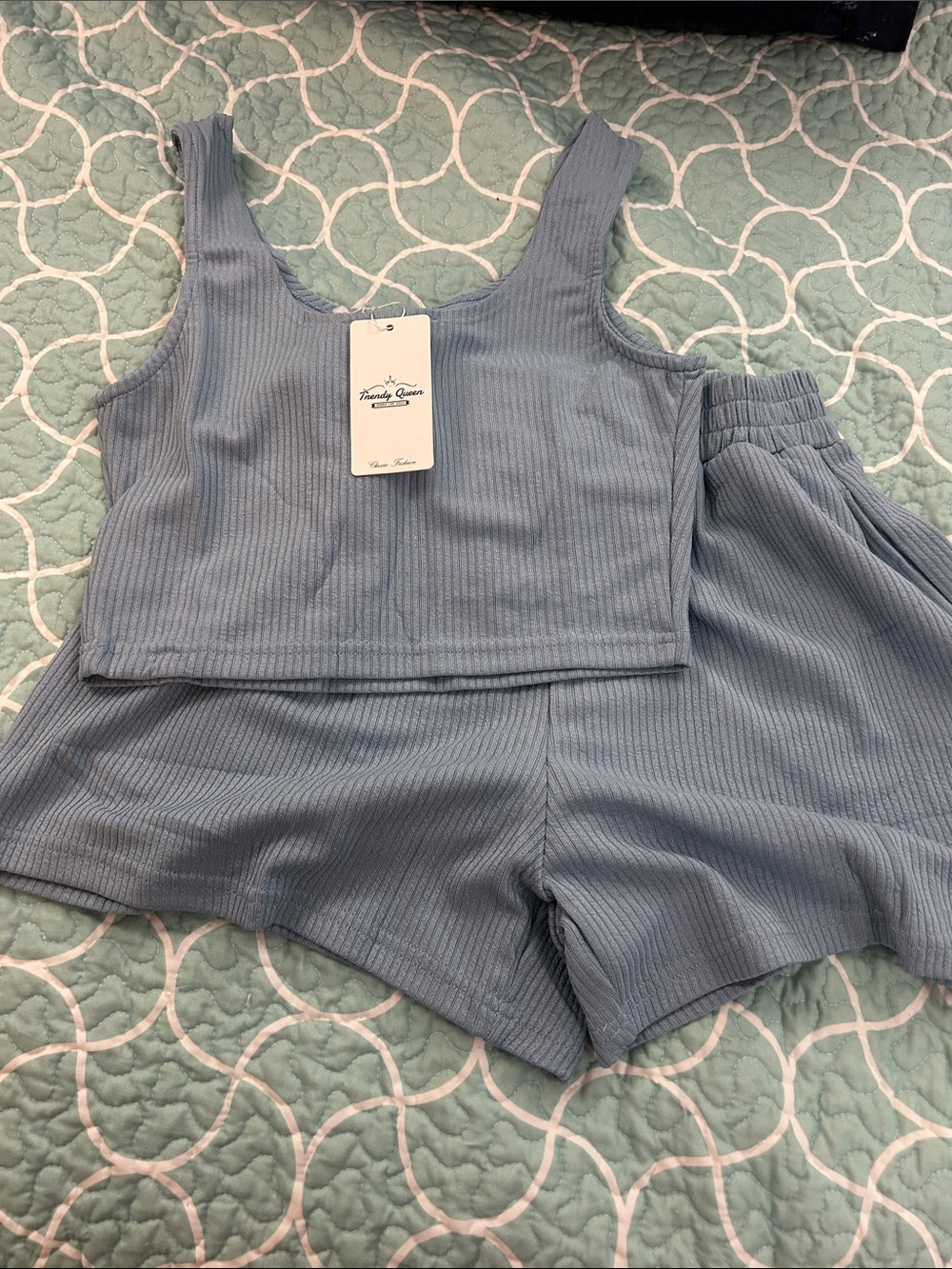 NWT Ribbed Tank and Shorts Loungewear Set in Dusty Blue (with pockets)